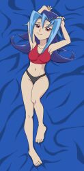 abdomen arms_up bed bikini blue_hair breasts closed_mouth female kamishiro_rio milkoctopus navel panties red_eyes rio_kamishiro smile solo swimsuit younger_female yu-gi-oh! yu-gi-oh!_zexal