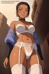 ai_generated avatar_the_last_airbender bra dark-skinned_female dinixdream female garter_belt katara panties solo stockings