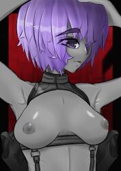 armpits arms_up black_background breasts breasts_out closed_mouth female female_focus greyscale holster jahuak looking_at_viewer martyr_(the_citadel) matching_hair/eyes medium_breasts monochrome nipples purple_eyes red_background simple_background solo the_citadel the_martyr