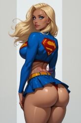 1girls ai_generated alternate_version_available ass ass_focus back_view big_ass big_breasts blue_eyes blush breasts dc dc_comics league69 leotard long_hair looking_at_viewer looking_back nipple_bulge panties partially_visible_vulva sideboob skirt solo supergirl superhero_costume superman_(series) thighhighs thighs