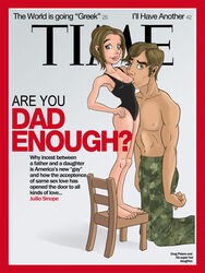 1boy 1girls breast_sucking camouflage_pants casual chair daughter father father_and_daughter female human incest magazine magazine_cover male one_breast_out pants sinope sucking_nipples swimsuit tagme time_magazine topless