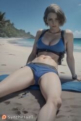 1girls ai_generated beach breasts cleavage day detailed hi_res highres jill_valentine looking_at_viewer navel necklace outdoors resident_evil resident_evil:_death_island sand short_hair sitting solo synthpixel