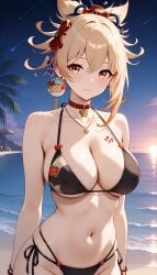 1girls ai_generated arm_tattoo bangs big_ass big_breasts big_butt bikini blonde_female blonde_hair blonde_hair genshin_impact hair_ornament high_resolution highres hoyoverse jasse tagme thighs yoimiya_(genshin_impact)