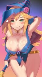 :q arm_behind_head armpits blonde_hair blue_hat blush blush_stickers bracer breasts closed_mouth commentary_request cowboy_shot cum cum_on_body cum_on_breasts dark_magician_girl duel_monster female gradient_background green_eyes hat heart highres jewelry large_breasts leaning_forward long_hair looking_at_viewer necklace nipple_slip nipples nt00 pentagram seductive_smile simple_background smile solo standing steaming_body sweat tongue tongue_out wand wizard_hat yu-gi-oh!