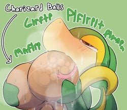 balls ballsack big_dom_small_sub blush blush_lines charizard closing_eyes crittercatcher gay gay_sex male/male musk_clouds oral pokemon_(species) snake_tongue snivy sucking_testicles sweatdrop worship