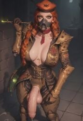 ai_generated breasts breasts_out civitai cum flaccid foreskin futanari ginger ginger_hair green_eyes hi_res highres large_breasts large_penis leaking_cum looking_at_viewer major_neci_rusalka mask masked red_hair rusalka rusalka_(warframe) scaldra_(warframe) veiny_penis video_game_character video_game_franchise warframe