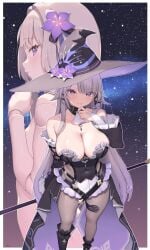 2girls absurdres bare_shoulders black_hat black_sleeves breasts bridal_gauntlets cleavage cloba collarbone covered_navel detached_sleeves flower grey_hair grey_pantyhose hair_flower hair_ornament hat herta_(honkai:_star_rail) highres honkai:_star_rail honkai_(series) large_breasts long_hair looking_at_viewer multiple_girls pantyhose purple_eyes purple_flower smile standing the_herta_(honkai:_star_rail) witch_hat