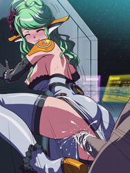 1girls against_wall ass black_gloves blush breasts censored chelsea_(phantasy_star_universe) closed_eyes clothed_sex clothing cum cum_in_pussy cum_inside dress dress_down dress_lift elbow_gloves female from_behind gloves green_hair happy happy_sex long_hair male mosaic_censoring nipples penetration penis phantasy_star_universe pointy_ears pudding_delices pussy sex smile spread_legs thighhighs unseen_male_face vaginal_penetration white_dress white_legwear white_thighhighs