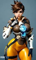 1girls ai_generated blizzard_entertainment brown_eyes brown_hair eyebrows eyelashes eyeliner eyeshadow hi_res large_ass large_breasts leather_clothing looking_at_viewer overwatch overwatch_2 solo solo_female solo_focus standing thick_thighs tracer waifufamily