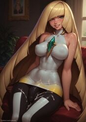 1futa 1futanari ai_generated ass big_ass big_breasts big_butt big_hips big_penis blonde_female blonde_hair breasts bulge bulge_through_clothing cleavage cum dick dickgirl eyebrows eyelashes from_below futa_only futanari green_eyes grin grinning grinning_at_viewer hair hands-free huge_cock indoors lips long_hair looking_at_viewer lusamine_(pokemon) makeup narrow_waist narrowed_eyes nose penis pokemon pokemon_sm seducing seductive seductive_eyes seductive_gaze seductive_look seductive_mouth seductive_pose seductive_smile sitting smile smile_at_viewer smiley_face smooth_balls smooth_penis smooth_skin solo solo_dickgirl solo_focus solo_futa solo_futanari testicles velonix