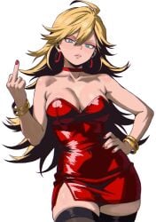1girls angel bare_shoulders blonde_hair bracelets busty choker enji_masterbiy flipping_off hand_on_hip hoop_earrings light-skinned_female light_skin panty_&_stocking_with_garterbelt panty_anarchy red_dress red_fingernails short_dress white_background