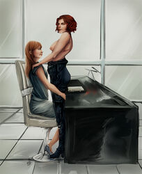 2girls black_widow_(marvel) bodysuit celebrity desk female female_only gwyneth_paltrow human human_only iron_man_(series) iron_man_2 kaiser-chan light-skinned_female light_skin marvel marvel_cinematic_universe marvel_comics multiple_girls natasha_romanoff pepper_potts red_hair scarlett_johansson topless topless_female yuri