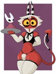 armwear bulge butler clothing crop_top demon hair hand_behind_back helluva_boss hi_res hollow_knight hornet_(hollow_knight) imp legwear male platter plushie poraka7 pringles_(helluva_boss) red_body shirt thick_thighs thigh_highs topwear weird_crossover white_hair