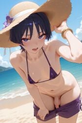 1boy ai_generated armpit beach_background beach_hat blush bracelet clothes_pull cowboy_shot curvy femboy genshin_impact gomes holding_hat leaning_forward looking_at_viewer male penis scaramouche_(genshin_impact) self_upload shorts solo stomach testicles