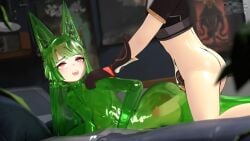 1boy 1girls aether_(genshin_impact) anal_sex cum cum_in_ass cum_inside gloves green_body hoshimi_miyabi hoyoverse orgasm_face prone_bone qua slime slime_girl transparent_body zenless_zone_zero