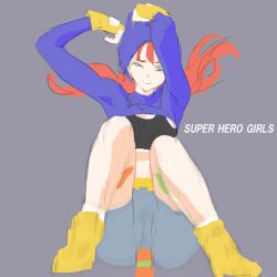 batgirl caught_off_guard dc dc_super_hero_girls fingerless_gloves green_eyes killer_moth leggings missionary_position red_hair retractable_wings sports_bra utility_belt