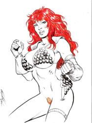 1girls amorim armor bikini_armor bottomless chainmail chainmail_bikini female female_only partially_clothed pubic_hair red_sonja red_sonja_(comics) solo tagme