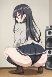 1girls ai_generated ass_jiggle black_eyes black_hair black_panties black_skirt black_socks civitai grey_jacket jacket jiggling_ass kimishima_ayano long_hair long_sleeves looking_at_viewer looking_back school_uniform shaking_ass shirt skirt socks tokidoki_bosotto_russian_de_dereru_tonari_no_alya-san twerking upskirt