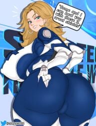 anus ass ass_grab big_ass big_breasts big_butt dialogue fantastic_four juicy_butt juicy_pussy looking_at_viewer looking_back marvel marvel_rivals milf smiling_at_viewer sue_storm suit superheroine