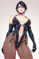 1girls ai_generated bayonetta bayonetta_2 black_hair blue_eyes cleavage collar dominatrix female_focus female_only from_below glasses gloves pantyhose solo