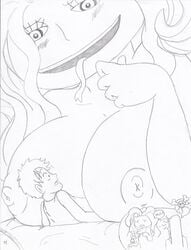 boa_sandersonia breasts female gigantic_breasts hebi_hebi_no_mi,_model:_anaconda jodagee male monkey_d_luffy nipples one_piece presenting presenting_breasts size_difference sketch straight topless traditional_media