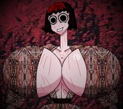 1girls big_breasts big_eyes black_hair blurry_background breasts busty cleavage clothed clothing creepy creepypasta female_only grin horror huge_breasts long_neck looking_at_viewer nightmare_waifu nipple_bulge oppai scary short_hair smile solo tomino's_hell urban_legend wide-eyed wide_eyed yellowpearl64_(artist)