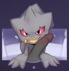 2025 banette bent_over disembodied_penis erection front_view generation_3_pokemon genitals ghost humanoid looking_at_viewer male nintendo penis pokemon pokemon_(species) red_sclera simple_background smile solo spirit tofuuu watermark