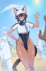 animal_ears beach blue_eyes bulge cap dark-skinned_male dark_skin difman dog_ears femboy looking_at_viewer original original_character smile smiling smiling_at_viewer sweat swimsuit tail thighs