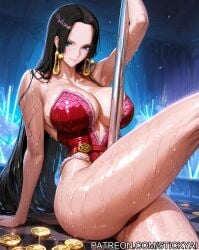 1girls ai_generated anime black_hair blue_eyes boa_hancock breasts fit long_hair money nsfw one_piece shounen_jump strip_club stripper stripper_pole