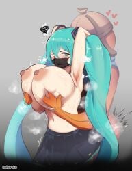 blue_hair breasts breasts_out disgusted exposed_breasts face_mask fishstick_(fortnite) fortnite grabbing_breasts grabbing_from_behind hatsune_miku hatsune_miku_(fortnite) hohoroko huge_breasts molestation navel nipples sex sex_from_behind sweat sweatdrop twintails vocaloid