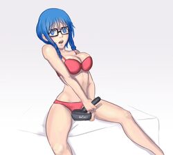 artist_request bangs big_breasts blue_hair braided_hair braids breasts eyeglasses female female_only gamer gamer_girl gaming geek glasses huniepop joystick nerd nikki_ann-marie panties playing playing_games red_bra red_panties red_underwear solo two_braids video_game_controller