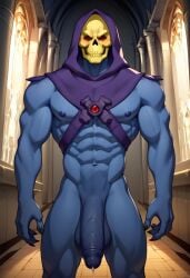 abs ai_generated balls biceps big_balls big_penis blue_skin blush gay hood looking_at_viewer male male_only masters_of_the_universe muscular muscular_male nipples no_eyes nude_male pecs penis precum skeletor skull_head standing toned_body toned_male twall97