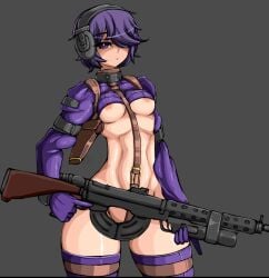 areola_slip ass breasts crotch_strap female female_focus gloves grey_hair gun hair_over_one_eye holding holding_gun holding_weapon holster looking_at_viewer martyr_(the_citadel) matching_hair/eyes navel purple_eyes purple_gloves purple_hair purple_shirt purple_skirt purple_thighhighs shirt simple_background skirt solo solo_focus standing the_citadel the_martyr thigh_strap thighhighs thighs underboob weapon