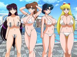 4girls ami_mizuno bikini bishoujo_senshi_sailor_moon black_hair blonde_hair blue_eyes blue_hair bow brown_hair brunette cameltoe cleavage convenient_censoring erect_nipples erect_nipples_under_clothes female female_only glamour_works human large_breasts maebari makoto_kino minako_aino multiple_girls nude_female ofuda ofuda_on_nipples ofuda_on_pussy pale_skin purple_eyes rei_hino smile swimsuit talisman taped_nipples taped_pussy