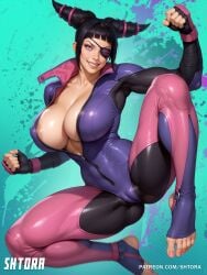 1girls ai_generated areola_slip areolae barefoot big_breasts bodysuit breasts cleavage eyepatch feet juri_han shtora solo spread_legs street_fighter thick_thighs toes unzipped_bodysuit