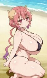 ai_generated bare_thighs beach bikini boob_equality braided_hair dragon_girl dragon_horns gigantic_breasts horn horns huge_breasts huge_thighs ilulu_(dragon_maid) kobayashi-san_chi_no_maidragon light-skinned_female light_skin looking_at_viewer massive_breasts pink_hair red_eyes shortstack solo_female squatting sweat sweatdrop thick_body thick_female thick_thighs thighs voluptuous voluptuous_female