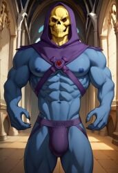 1boy abs ai_generated biceps blue_body blue_skin blush bulge bulge_through_clothing gay hood humanoid jockstrap jockstrap_only looking_at_viewer male male_only masters_of_the_universe muscular muscular_male nipples no_eyes pecs skeletor skull skull_head solo solo_focus toned_body toned_male twall97