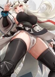 arknights bangs blunt_bangs breasts clenched_teeth clothed clothed_female detached_sleeves embarrassed female female_focus imminent_peeing long_hair matoimaru_(arknights) monowe panties peeing red_eyes see-through see-through_clothing solo solo_female solo_focus thigh_boots thighs wet wet_panties wetting wetting_self