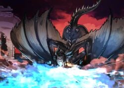 1female 1girls ass_in_air bent_over breathing_fire dark-skinned_female dark_skin dragon dragon_girl dragon_horns dragon_tail fatalis_(monster_hunter) female fire giant_ass giantess monster_hunter monster_hunter_world scales wings