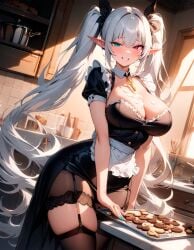 adorable ai_generated apron big_breasts breasts cleavage cream curvy curvy_body curvy_female curvy_figure curvy_hips cute elf elf_ears elf_female garter_straps heterochromia looking_at_viewer lux_(starlightnex) maid maid_uniform mature_female messy mischievous_smile original original_character pointy_ears slim_waist smile smug starlightnex stockings thick thick_hips thick_thighs twintails very_long_hair white_hair wholesome wide_hips