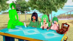 1boy 3d 3girls blue_eyes bodysuit femboy full_body green_body green_hair hiderlink20 jacking_off koikatsu lizard_girl masturbating moruke_omura_(character) picnic voyeur voyeurism