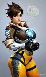 1girls ai_generated blizzard_entertainment brown_eyes brown_hair eyebrows eyelashes eyeliner eyeshadow gloves hi_res large_ass large_breasts leather_clothing leather_jacket looking_at_viewer overwatch overwatch_2 pierced_ears solo solo_female solo_focus thick_thighs tracer waifufamily