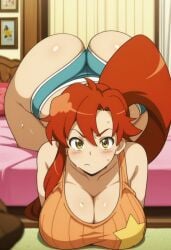 1girls ai_generated ass ass_bigger_than_head ass_up ass_visible_from_the_front bed bedroom big_ass big_breasts blackwhiplash_(style) booty_shorts cleavage crop_top female huge_ass huge_breasts large_breasts red_hair short_shorts shorts tengen_toppa_gurren_lagann thick_thighs yoko_littner