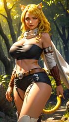0assult0 1girls ai_generated anime anime_girl attractive bare_shoulders beautiful blonde_female busty_female curvy_female day forest fox_ears fox_girl large_breasts leone_(akame_ga_kill!) looking_at_viewer midriff nature_background realistic scarf seductive seductive_pose sexy shiny_breasts voluptuous_female walking