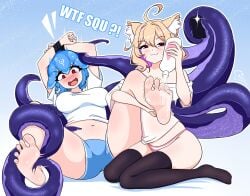 2girls :3 ahoge animal_ear_fluff animal_ears arms_up bangs bao_(vtuber) barefoot bean_mouth bean_smile black_legwear blonde_hair blue_hair blush breasts buruma cat_ears cat_girl cat_tail eyebrows_visible_through_hair feet hair_between_eyes heart large_breasts legs_up long_hair looking_at_viewer midriff multicolored_hair multiple_girls navel no_shoes oerba_yun_fang open_mouth panties pink_hair red_eyes restrained shirt short_hair short_sleeves sitting smile soles squchan_(vtuber) striped striped_panties tail tentacle thighhighs toes two-tone_hair underwear virtual_youtuber vyugen white_legwear white_shirt