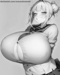 ai_generated artist_website black_and_white himiko_toga huge_breasts looking_at_viewer monochrome monochrome_ai my_hero_academia watermark