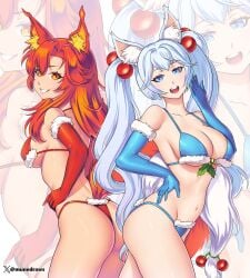 bikini blue_eyes blue_hair christmas_outfit female_only fox_ears fox_girl indie_virtual_youtuber kirsche_verstahl medium_breasts munedraws red_eyes red_hair smugalana two_girls virtual_youtuber