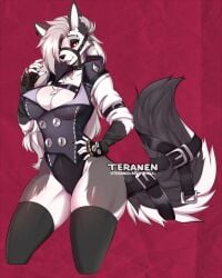 1girls anthro black_thighhighs canid canine cleavage cosplay female female_only fur furry grey_hair hair_over_one_eye hand_on_hip hellhound helluva_boss long_hair looking_at_viewer loona_(helluva_boss) mihoyo red_background red_sclera slit_pupils smiling smiling_at_viewer solo teranen thick_thighs thighhighs von_lycaon_(cosplay) white_eyes zenless_zone_zero