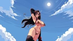 bikini breasts brown_hair clouds earrings female female_only final_fantasy final_fantasy_vii floating_hair gloves hair_between_eyes hand_up itzah jewelry large_breasts looking_at_viewer micro_bikini navel nipple_slip outdoors pixel_art puffy_nipples red_eyes sky smile solo sun thighhighs tifa_lockhart wardrobe_malfunction wink