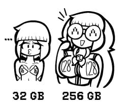 /ctt/ breast_envy console-tan digital_eyes electronic gijinka glasses hime_cut huge_breasts humanization humanized large_breasts laughing long_hair monochrome nintendo nintendo_switch_2 short_hair small_breasts switch_2-tan